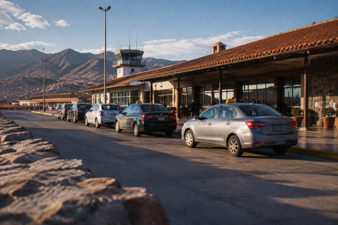 Taxis parked in a row outside a small Andean airport terminal building under a blue sky