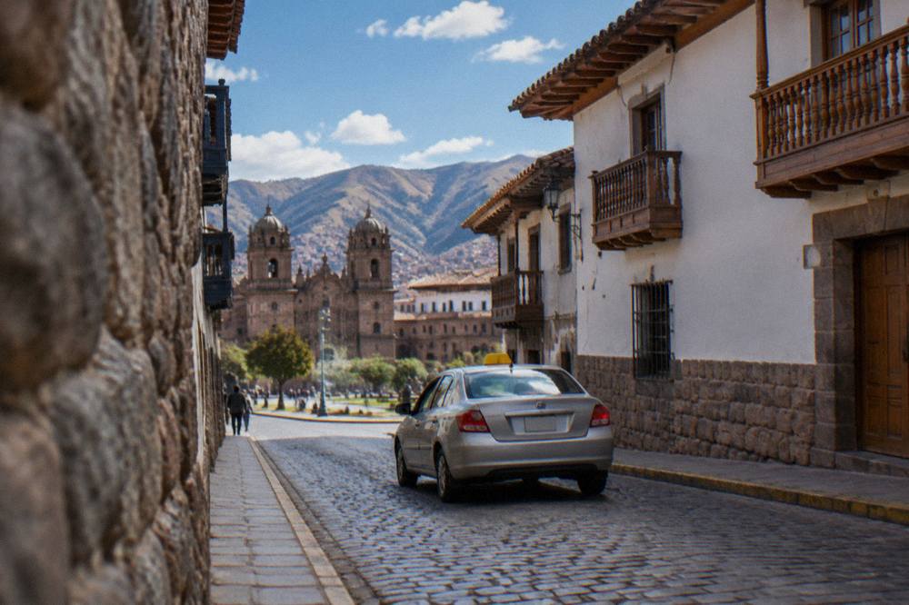A taxi driving along a narrow colonial street with stone walls and balconies in Cusco