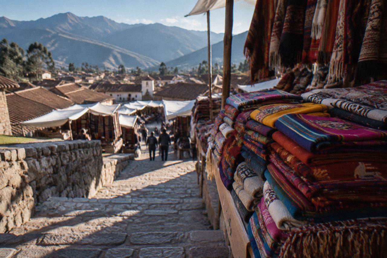 Folded woven alpaca textiles in bright colours stacked on a market stall