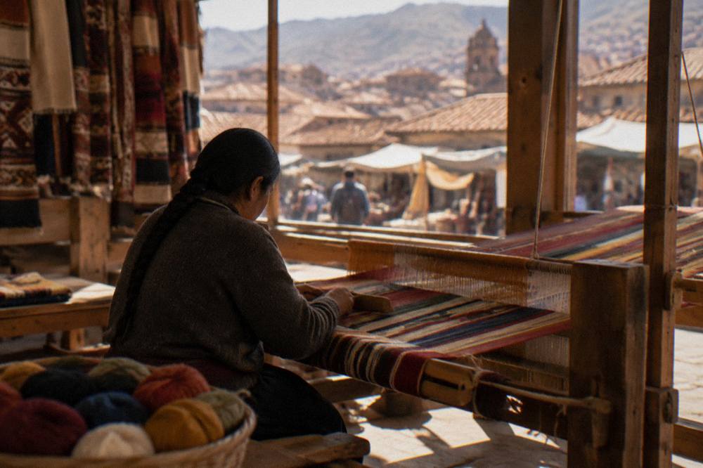 A weaver working a loom with coloured alpaca yarn in a workshop