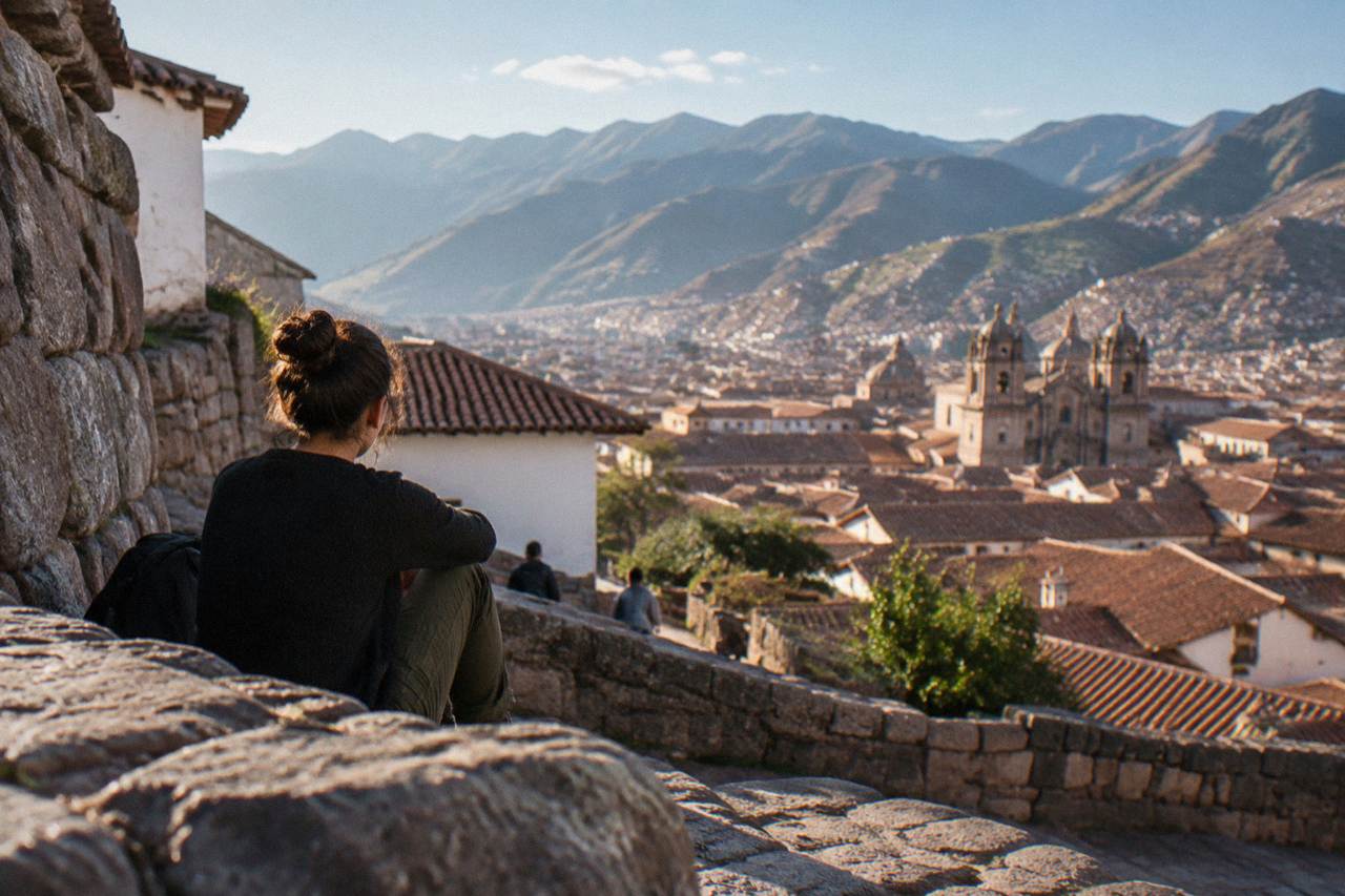 A visitor resting on a stone terrace overlooking the red rooftops of Cusco with the Andes behind