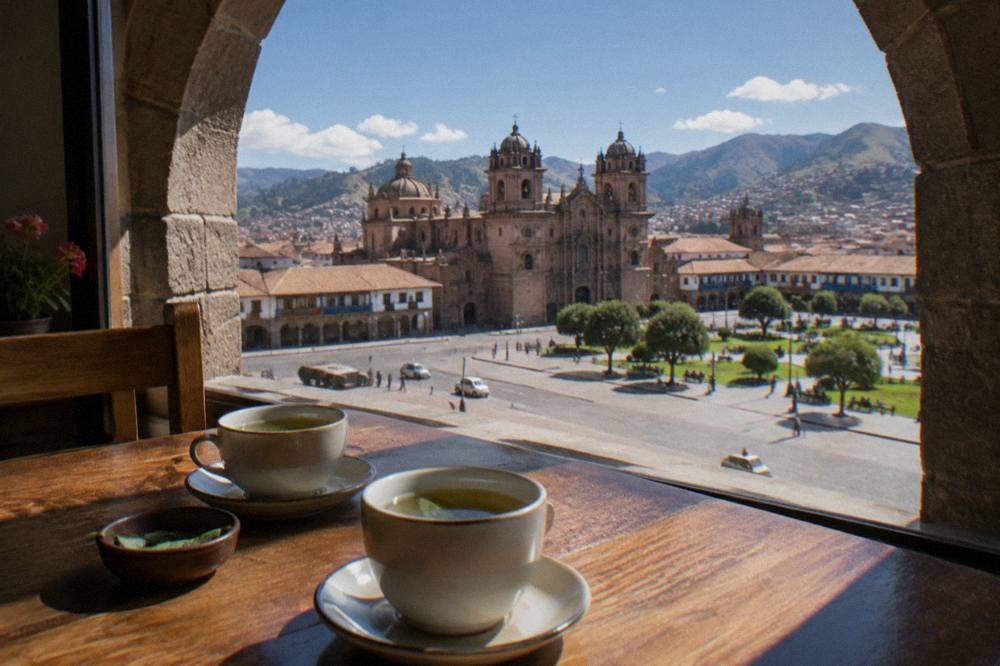 Cups of coca tea on a wooden table beside a window with Andean rooftops beyond