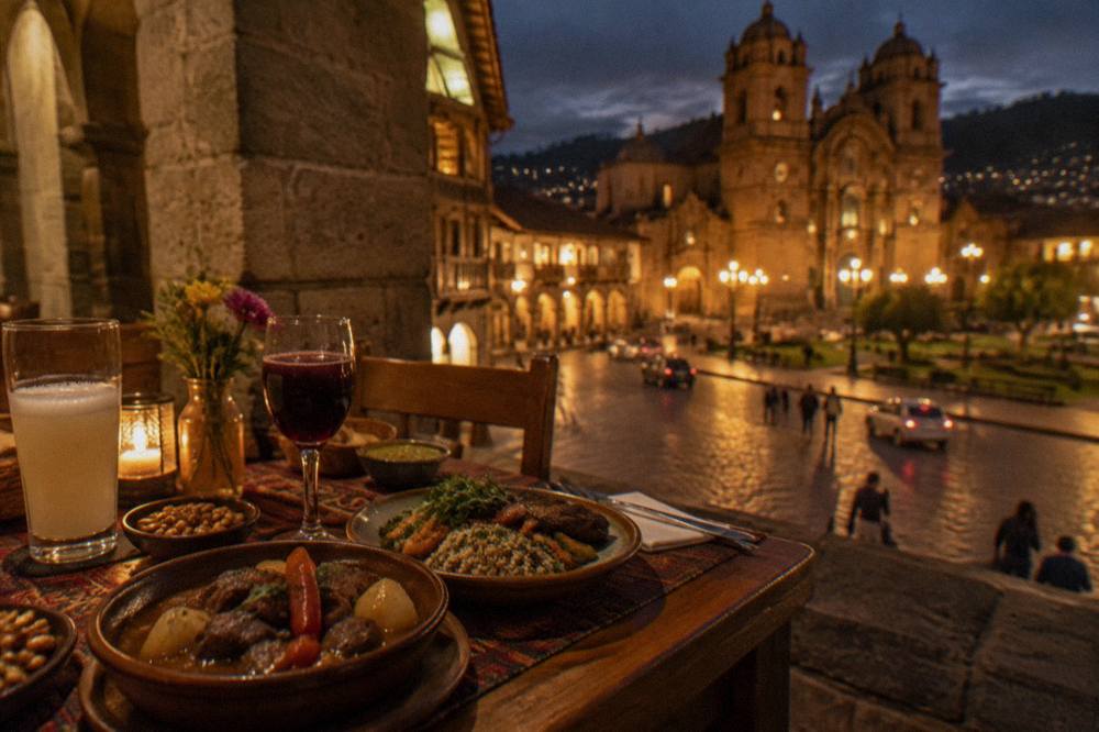 A table with Andean dishes and drinks in a warmly lit Cusco restaurant