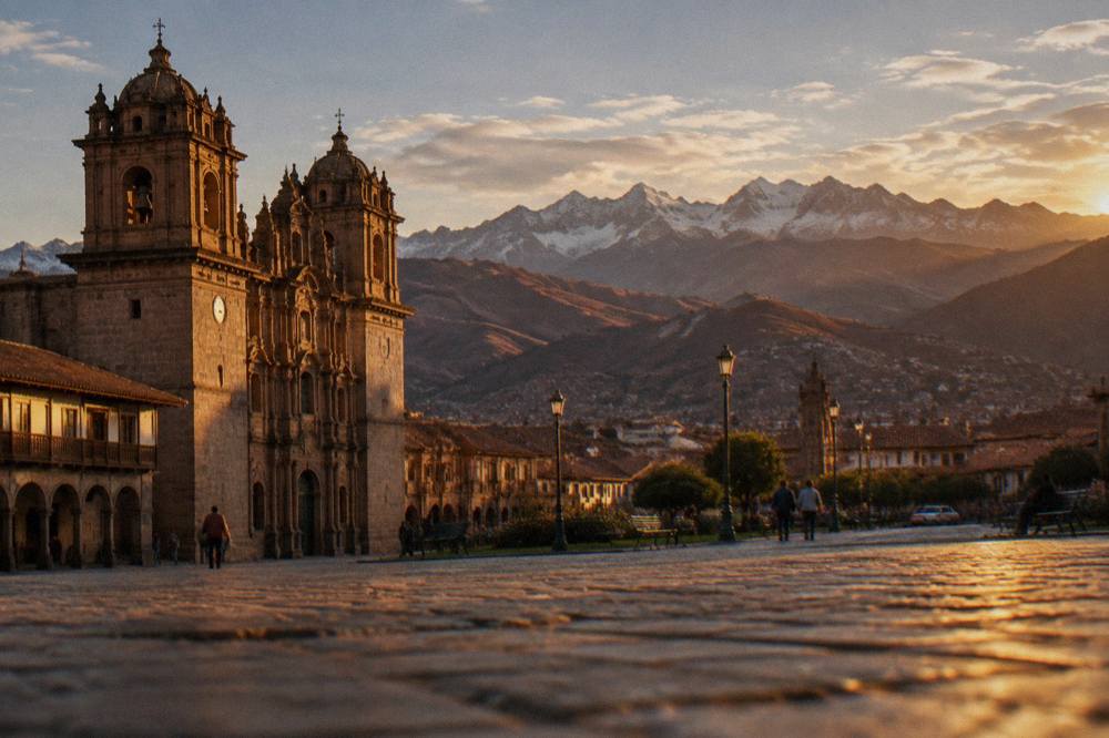 A high Andean mountain pass with layered coloured ridges and distant snow streaked peaks under thin clouds