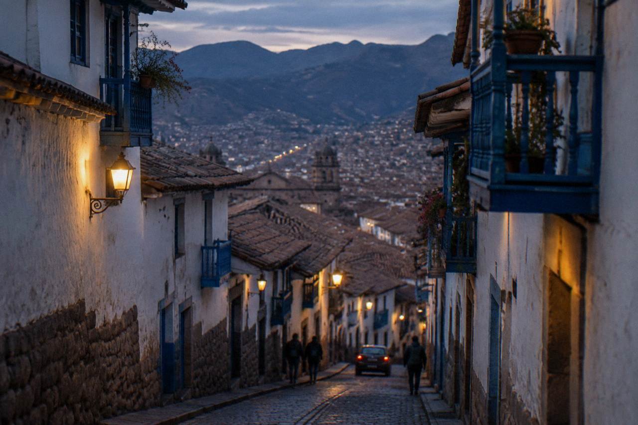Red-tiled rooftops of Cusco spreading across a high Andean valley under a clear blue sky