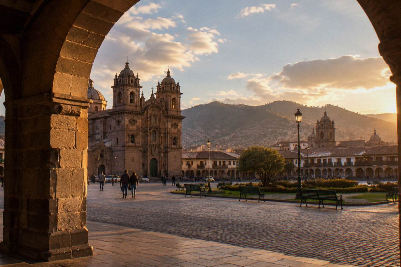 Colonial arcades and stone churches around the Plaza de Armas in Cusco under an afternoon sky
