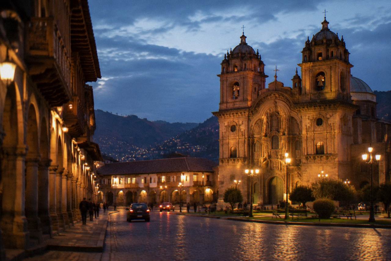 Illuminated colonial arcades and stone streets around the Plaza de Armas in Cusco at dusk