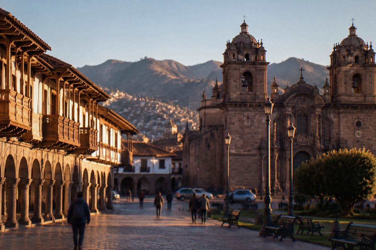 Stone arcades and colonial balconies around the Plaza de Armas in Cusco under a clear sky