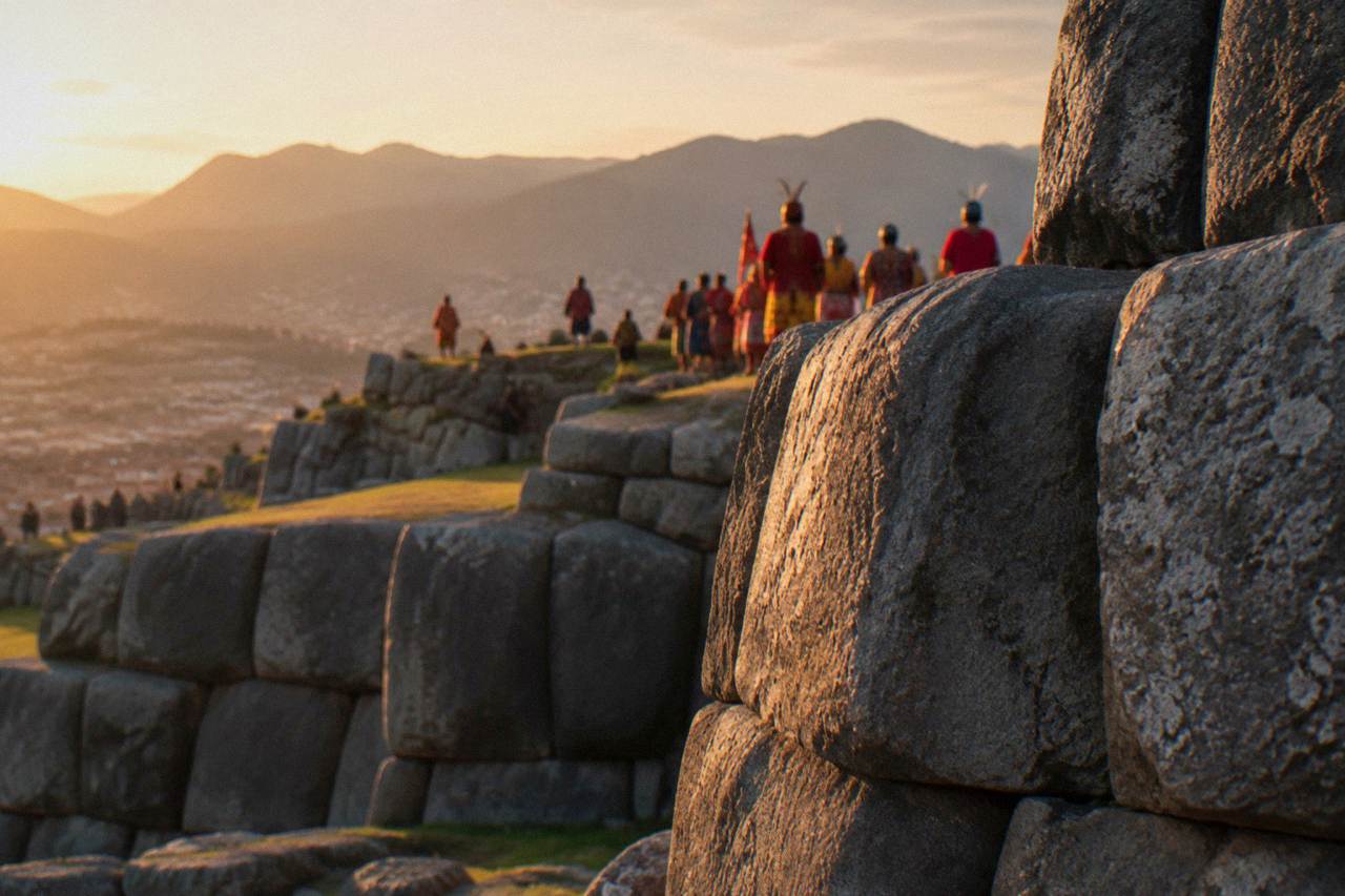 Performers in ceremonial costume gathered on the stone terraces above Cusco