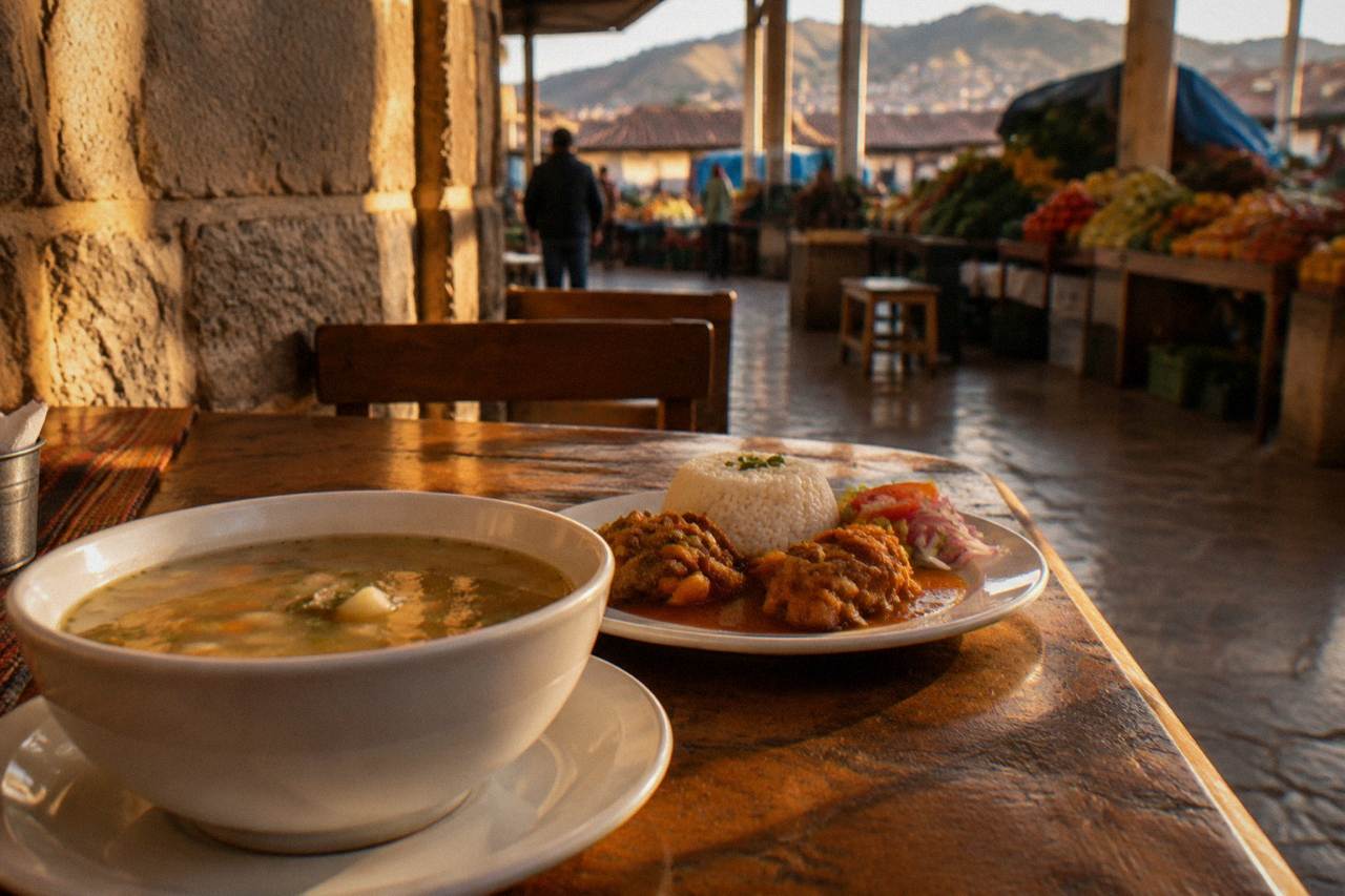 A set lunch of soup and a main dish on a simple wooden table in a small Cusco eatery