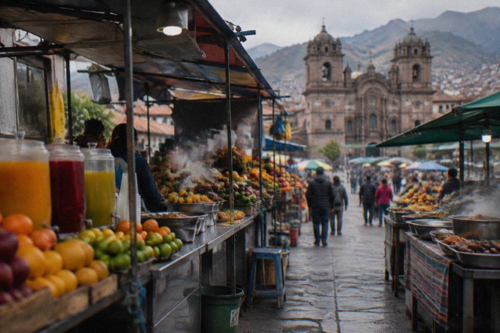A busy food aisle inside a Cusco market with juice and hot food stalls