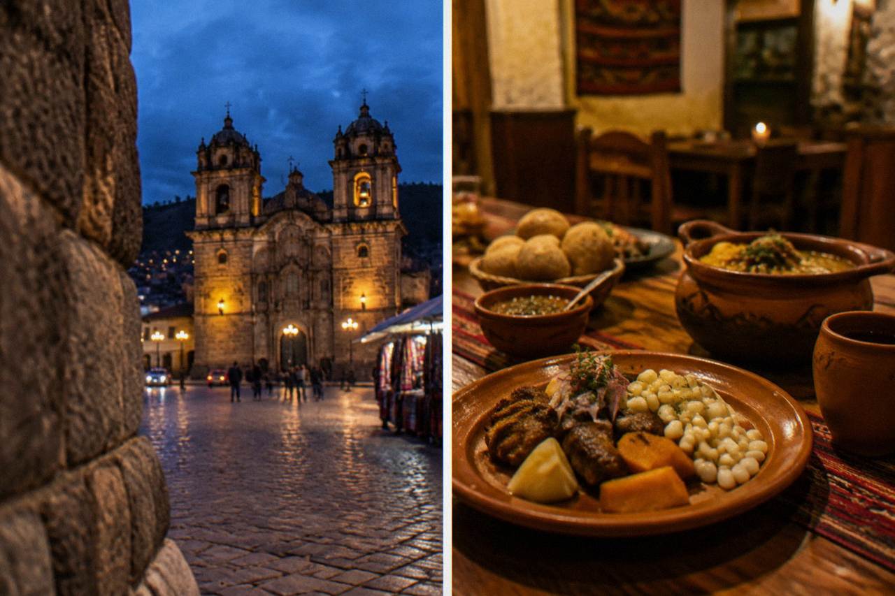 A dining table in Cusco with Andean dishes and clay pottery under warm evening light