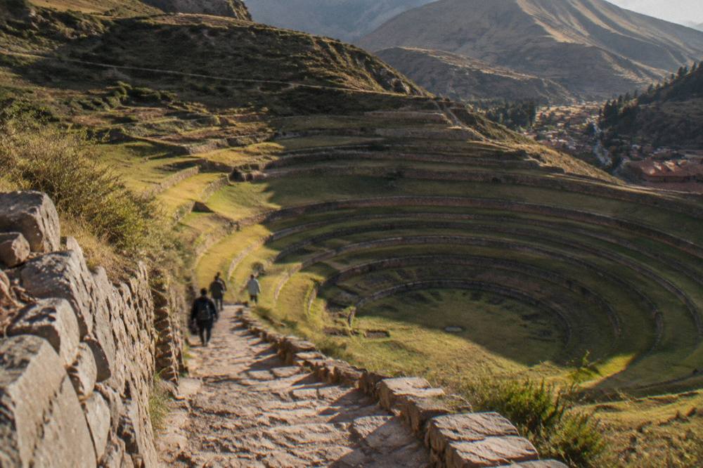 Concentric circular farming terraces at an Inca archaeological site on a high Andean plateau