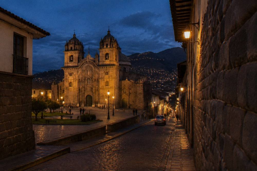 A narrow sloping colonial street in central Cusco at night with stone walls lit by a few lamps