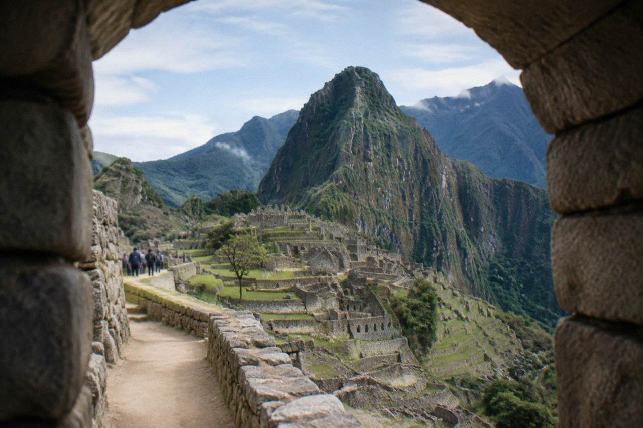 Stone terraces of Machu Picchu with forested mountains rising behind them under a clear sky