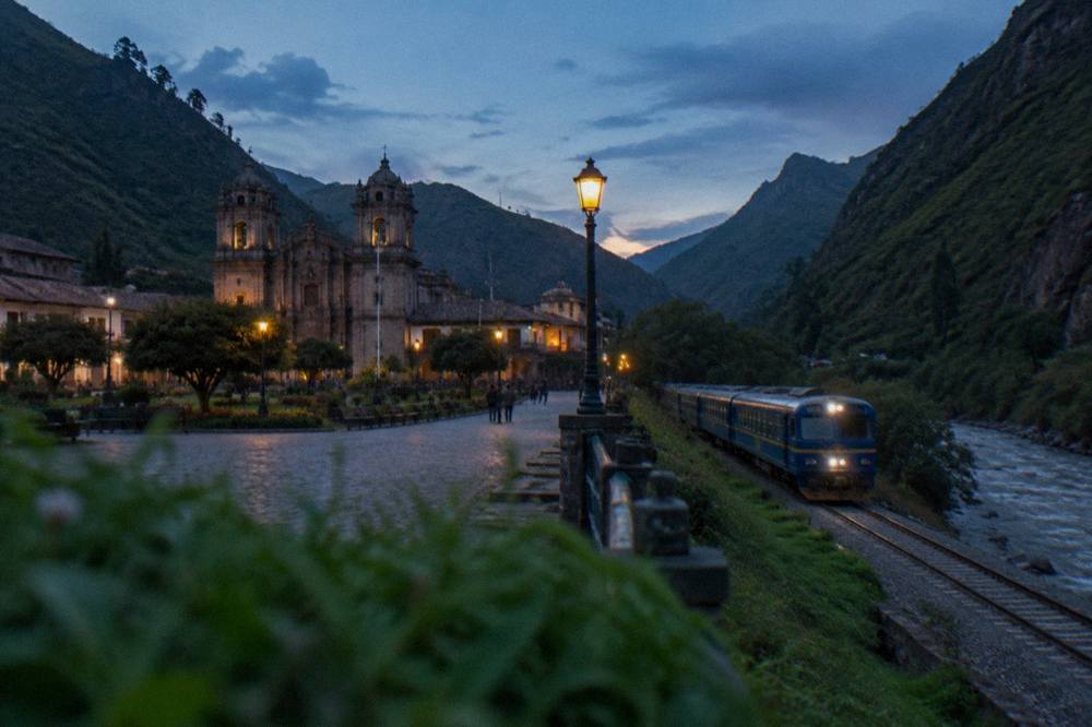 A train on rails beside a river gorge with green mountains on both sides