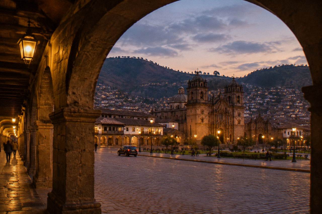 Cusco's Plaza de Armas at dusk with colonial arcades, the cathedral and hillsides above the rooftops