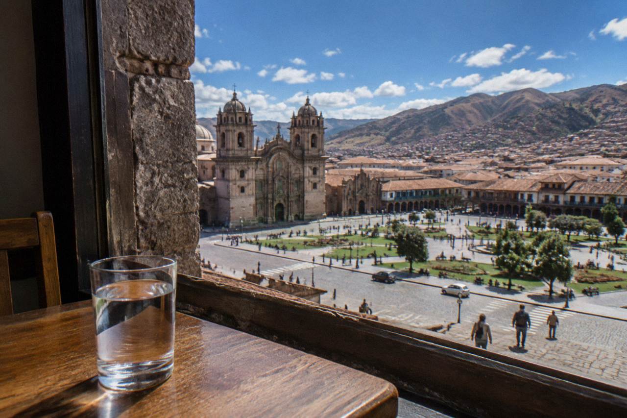 A glass of water on a wooden table beside a stone window looking out over Cusco rooftops