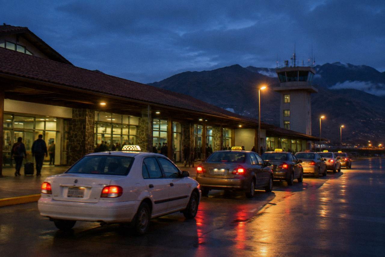 Taxis waiting in a row outside a small Andean airport terminal at dusk