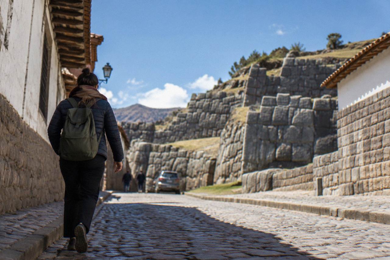 A traveller in a warm jacket and scarf walking a narrow cobblestone street in Cusco's historic centre