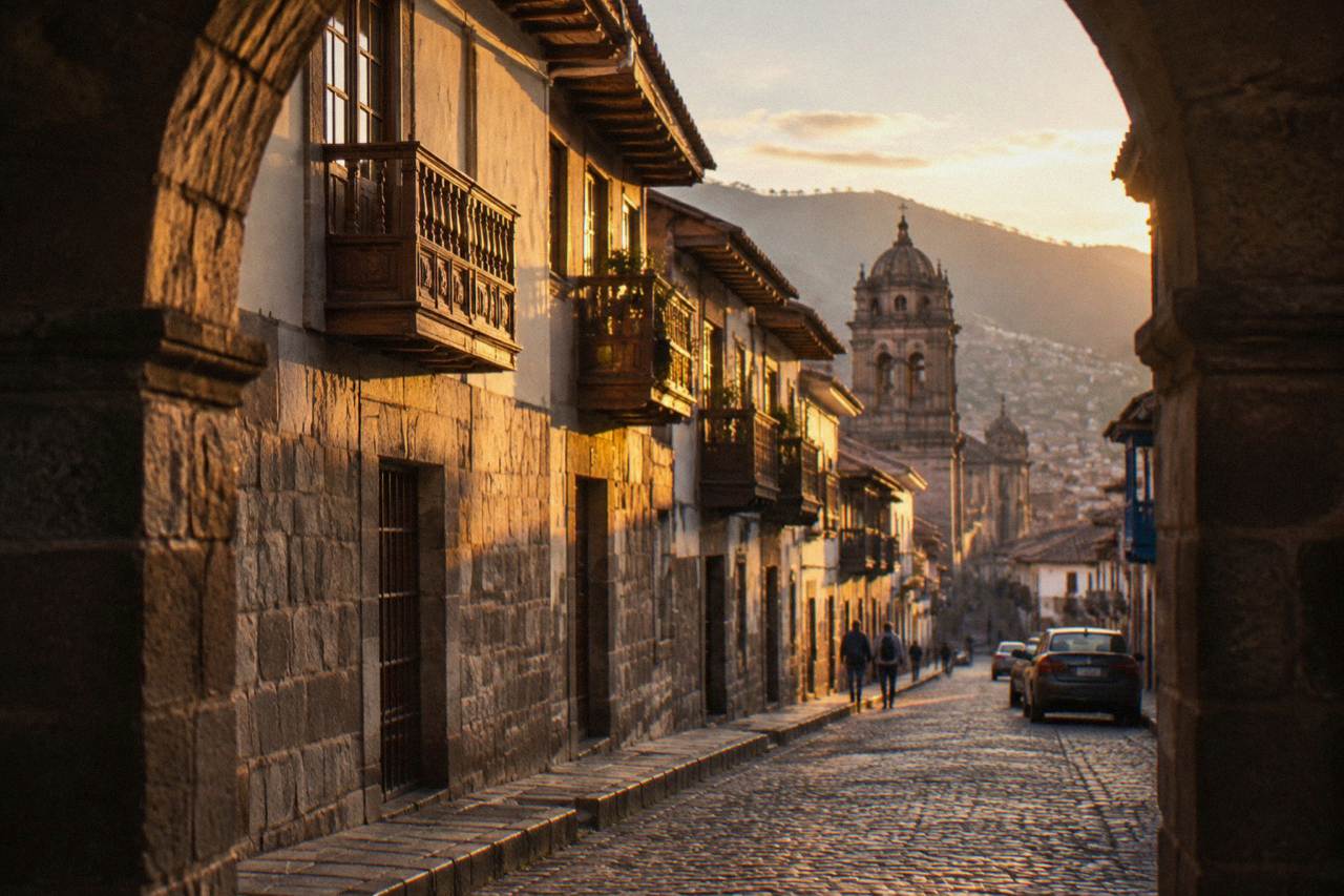 A narrow stone street in Cusco's historic centre with colonial balconies above the pavement