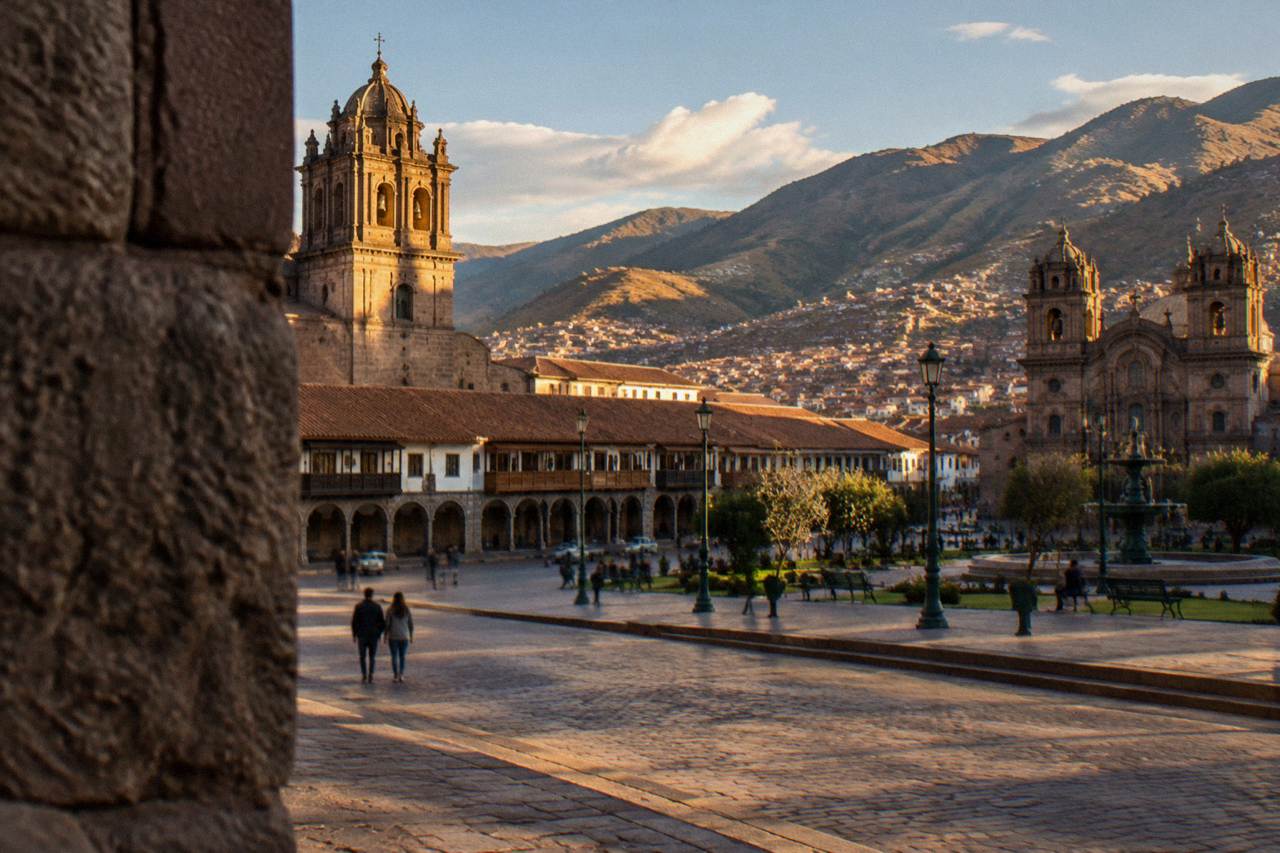 Colonial arcades and stone churches around a main plaza in a high Andean city