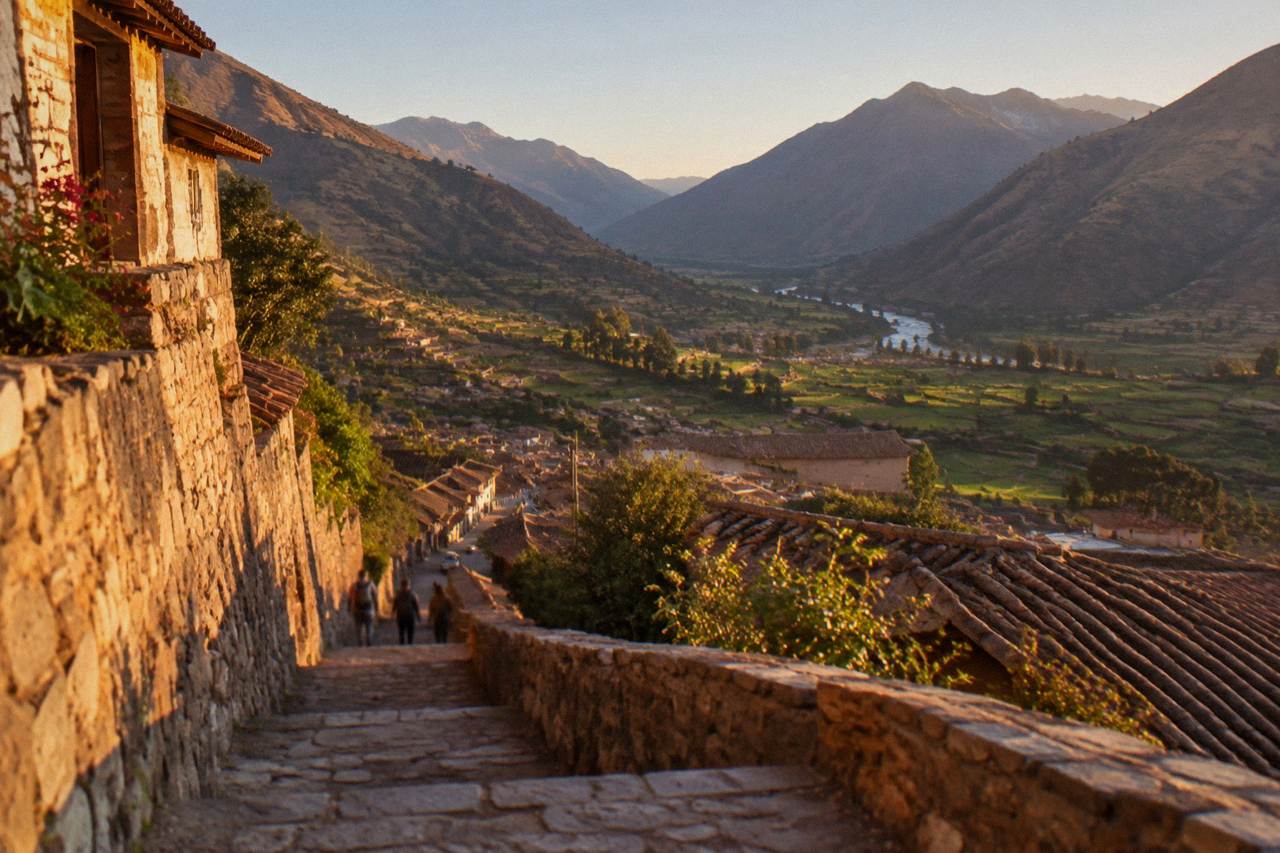 Terraced Andean valley with a small town and mountains under a clear sky