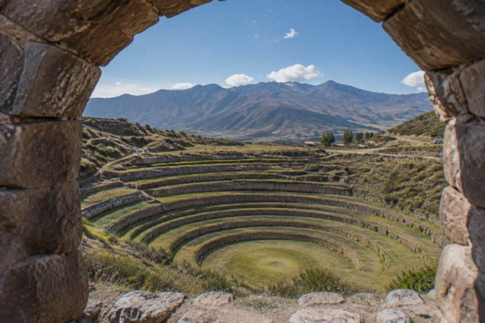 Concentric circular terraces of an Inca agricultural site seen from the rim
