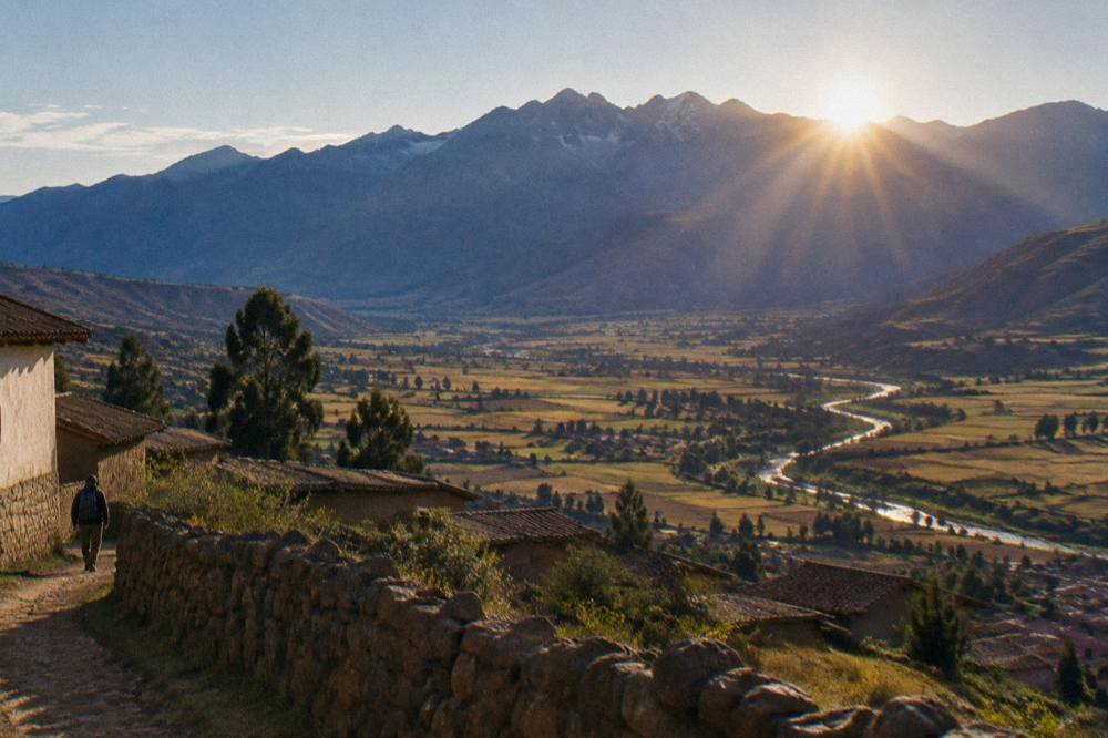 Mountain ridge at sunrise above a wide valley with fields and a river