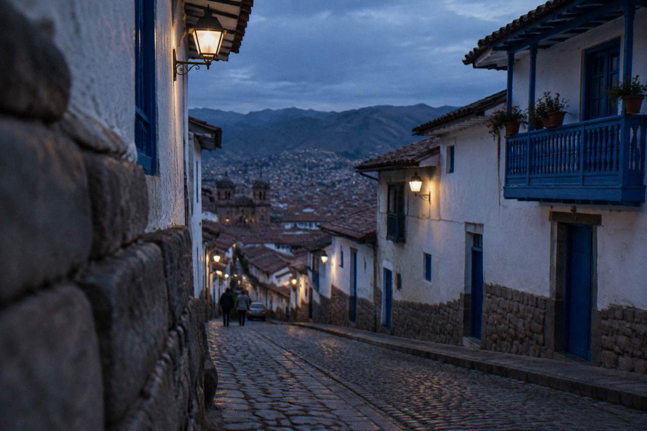 A narrow cobblestone street of white and blue colonial houses climbing a hill in Cusco