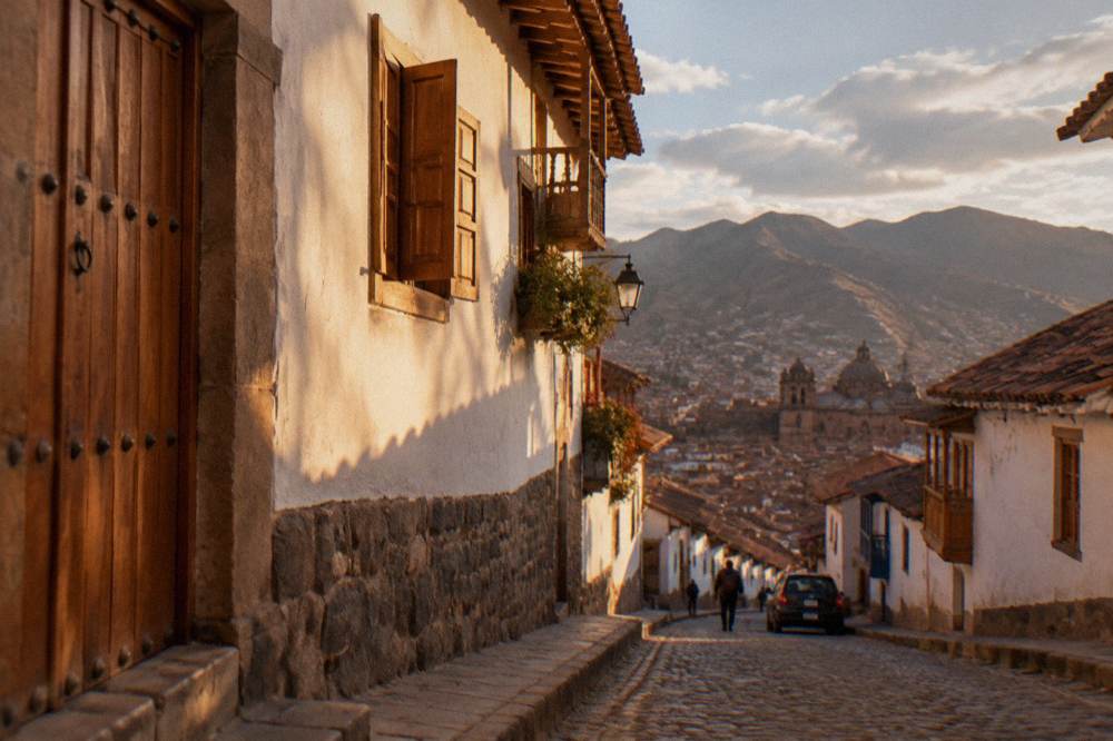 A rooftop view over the tiled roofs and church domes of central Cusco