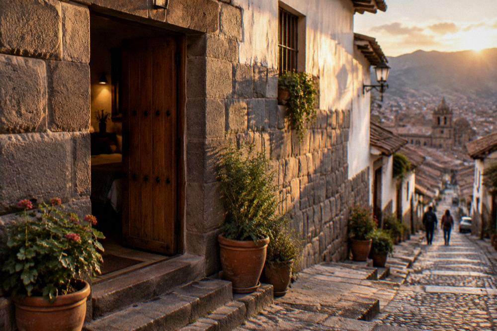 A small guesthouse doorway on a stepped street with potted plants