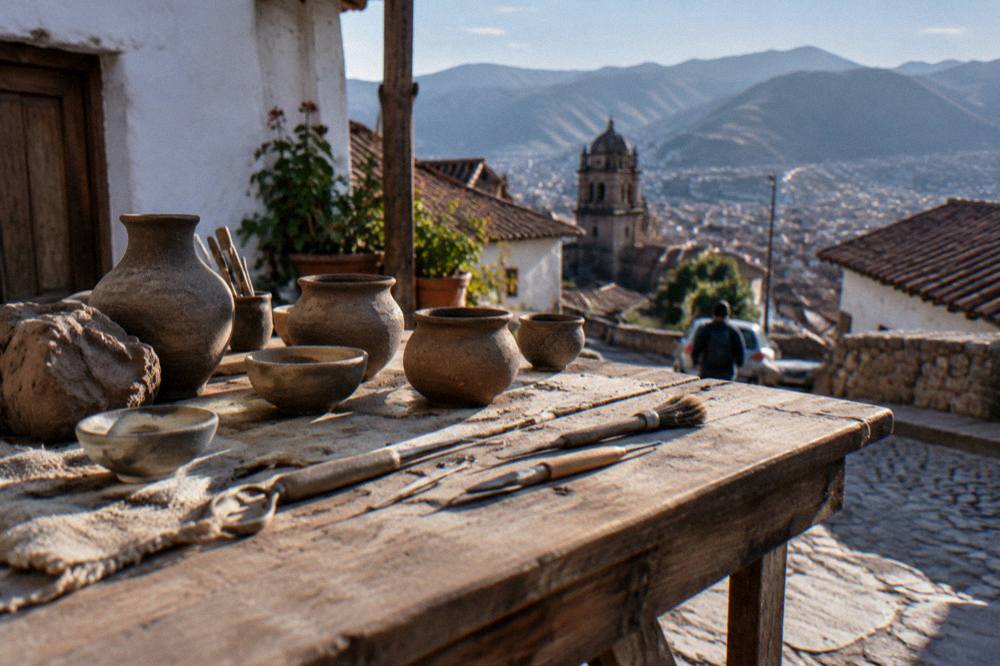 A workshop table with clay pots and carving tools in daylight