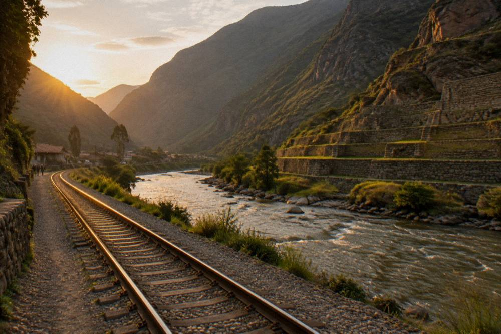 A rail line running along a river between steep green valley walls