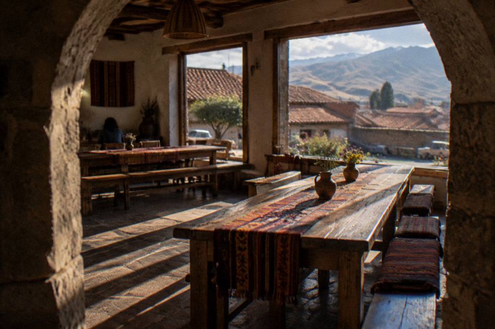 A rustic dining room with long wooden tables and Andean textiles