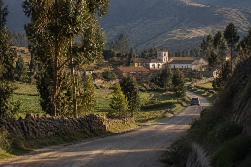 A rural Andean road winding through green fields and eucalyptus trees