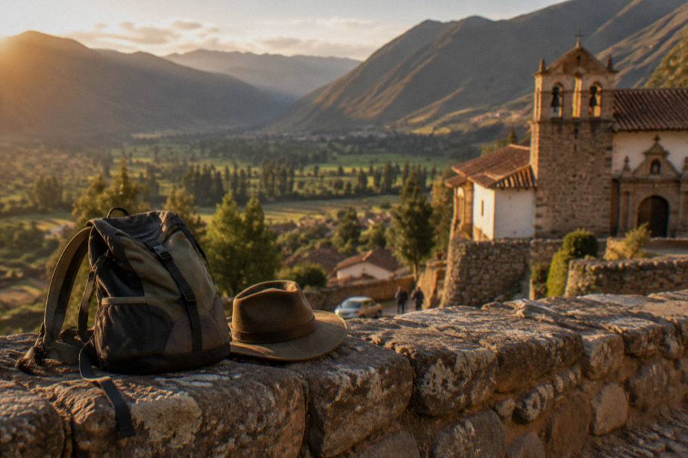 A traveller's daypack and hat on a stone wall above a green Andean valley