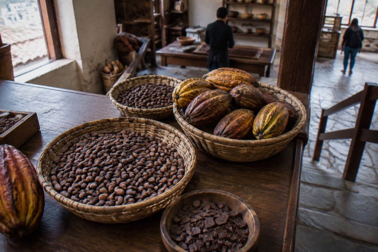Baskets of dried cacao beans and cocoa pods on a wooden counter in a chocolate workshop