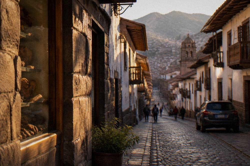A narrow stone-paved street in central Cusco lined with colonial buildings