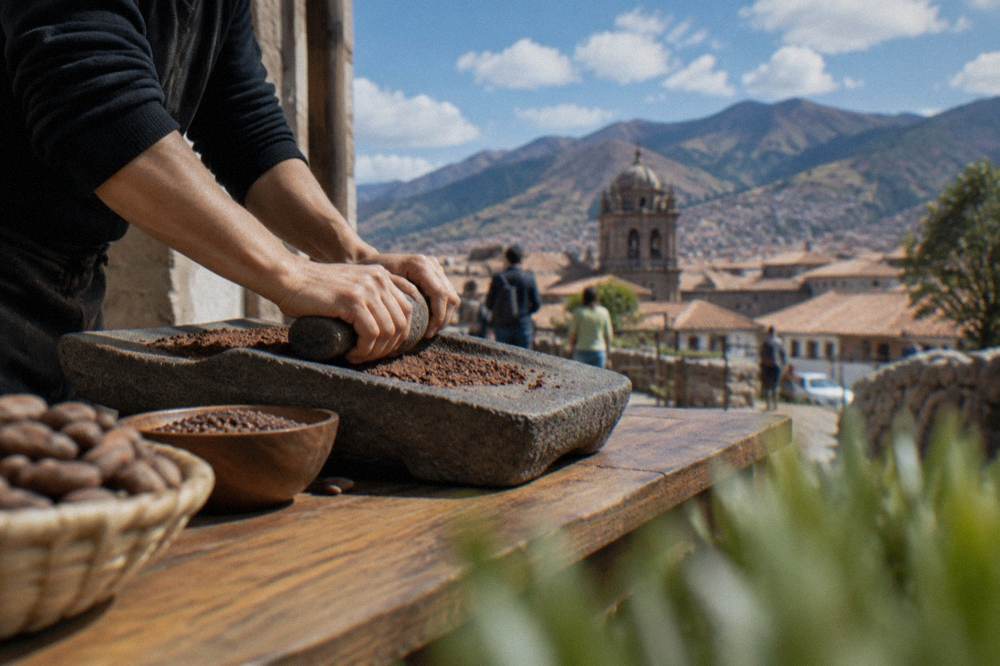 Hands grinding roasted cacao nibs with a stone grinder on a wooden table