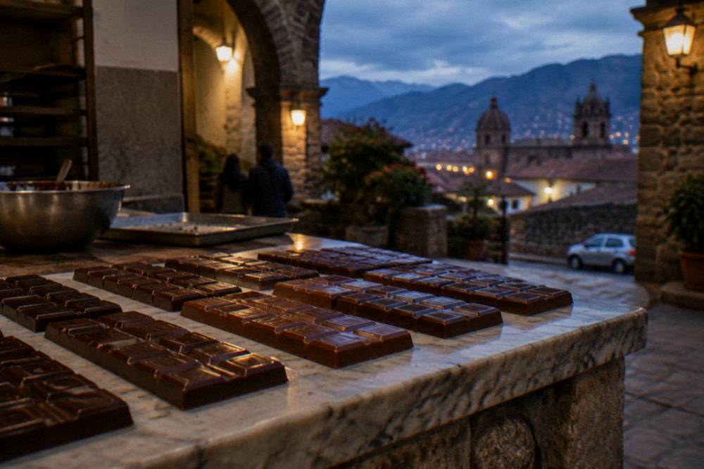 Rows of freshly moulded chocolate bars setting on a marble counter
