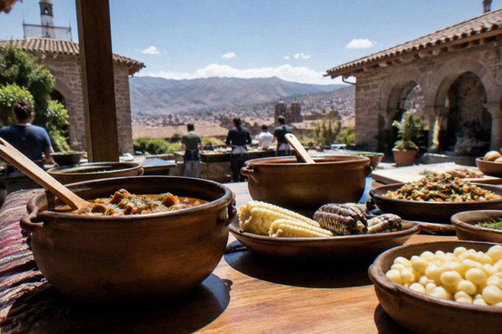 A table set with clay pots of stew, maize and prepared dishes in a cooking class