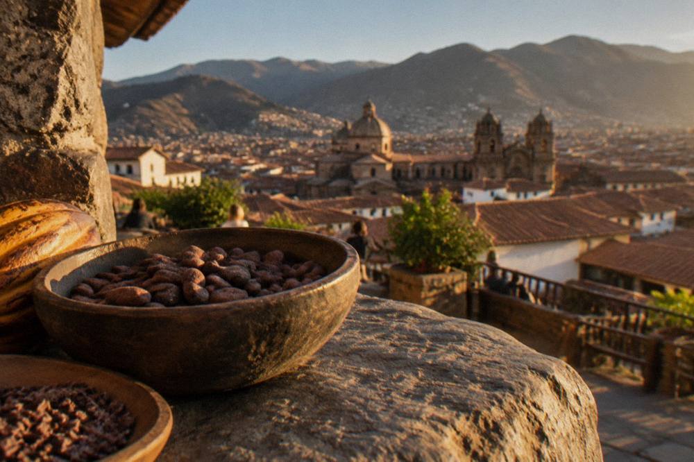 A clear dry-season day over the tiled rooftops of central Cusco with mountains behind