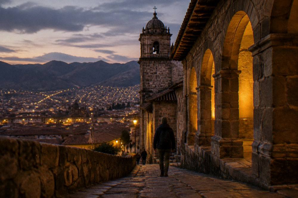 A walker in warm layers descending a stone path at dusk above a city with lit windows