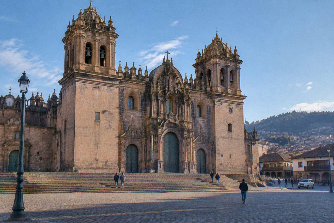 The twin bell towers and stone facade of Cusco Cathedral seen from the Plaza de Armas