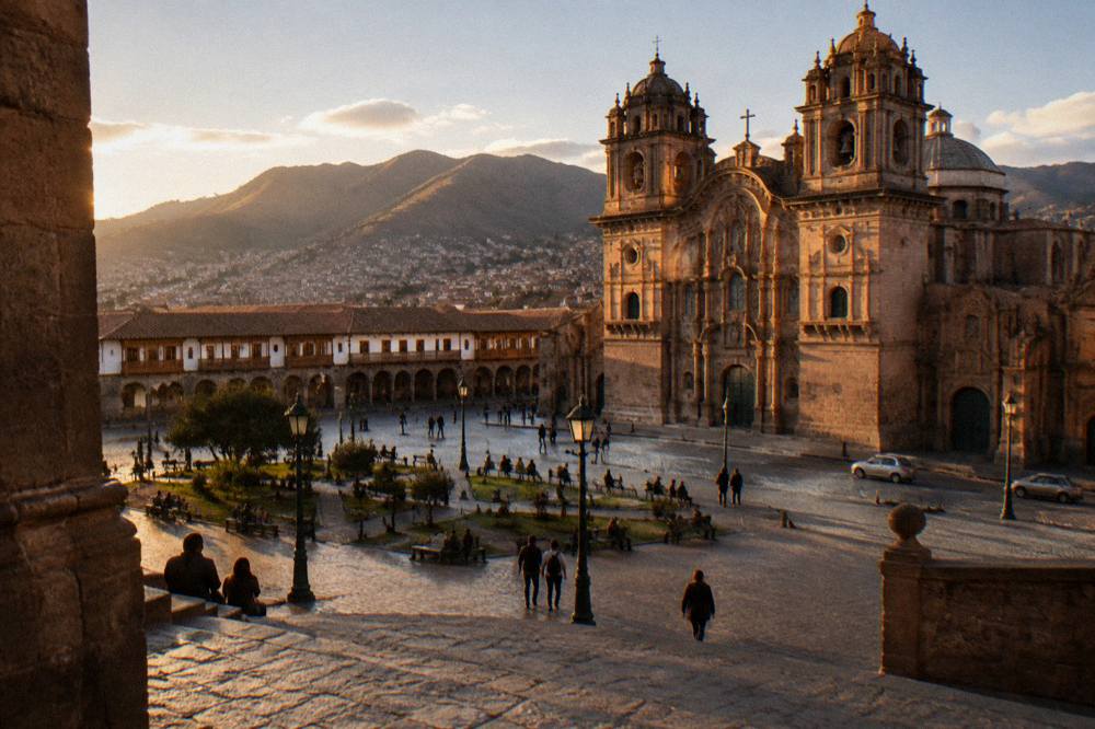 The Cathedral facade in warm afternoon light with the plaza colonnades alongside