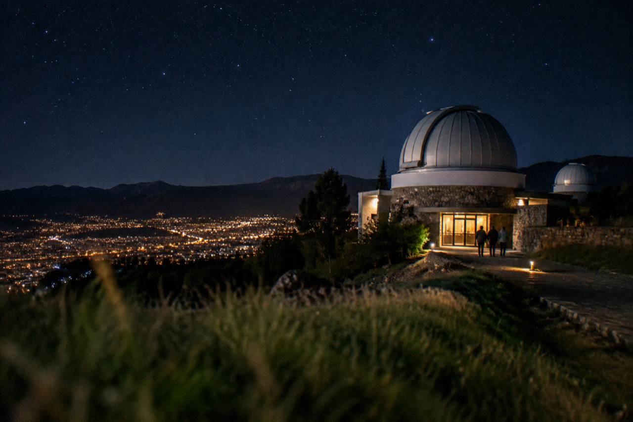 Telescope domes on a dark hillside under a starry night sky above the city lights of Cusco