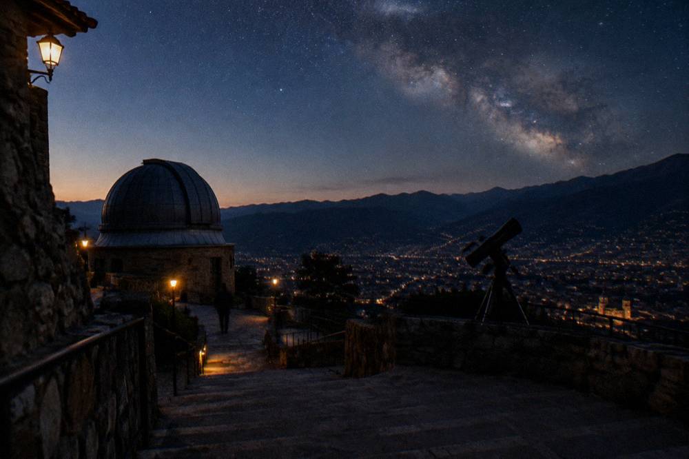 A small telescope silhouetted against the Milky Way over dark hills