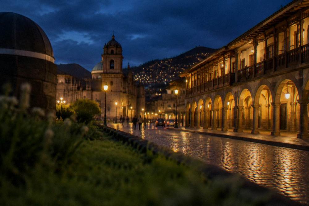 The illuminated colonial arcades of the Plaza de Armas in Cusco at night