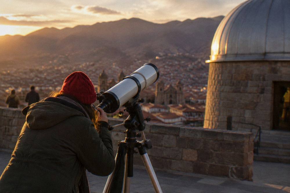 A visitor in a red knit hat and warm coat looking through the eyepiece of a telescope